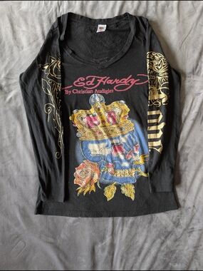Ed Hardy Long Sleeve Skull Tee in Black with Gold & Pink Accents